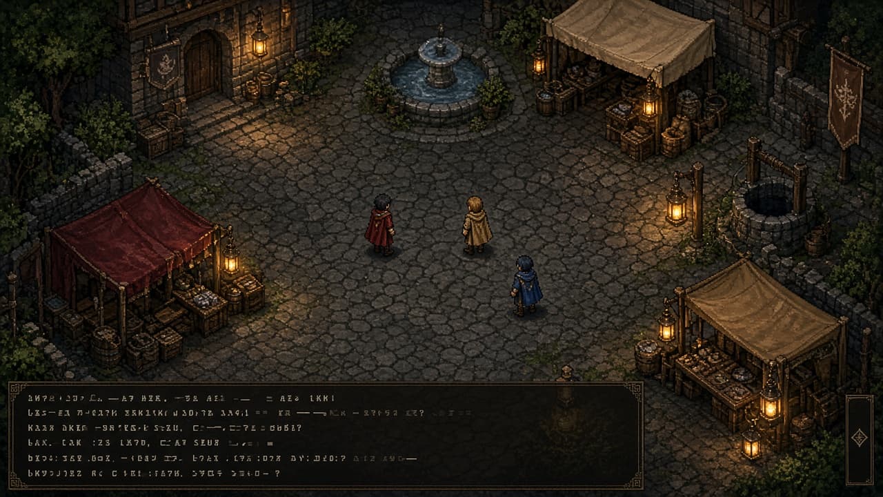 Mockup da praça de uma vila, com personagens e lanternas